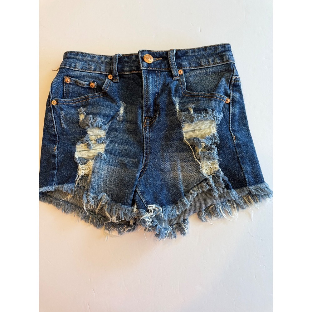 Almost Famous Womens Distressed Denim Shorts Dark Wash Frayed Hem Size 00